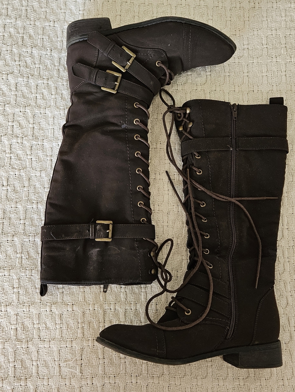 Women's Size 9 Tall Lace-Up Buckle Boots - Dark Brown, Mark & Maddux